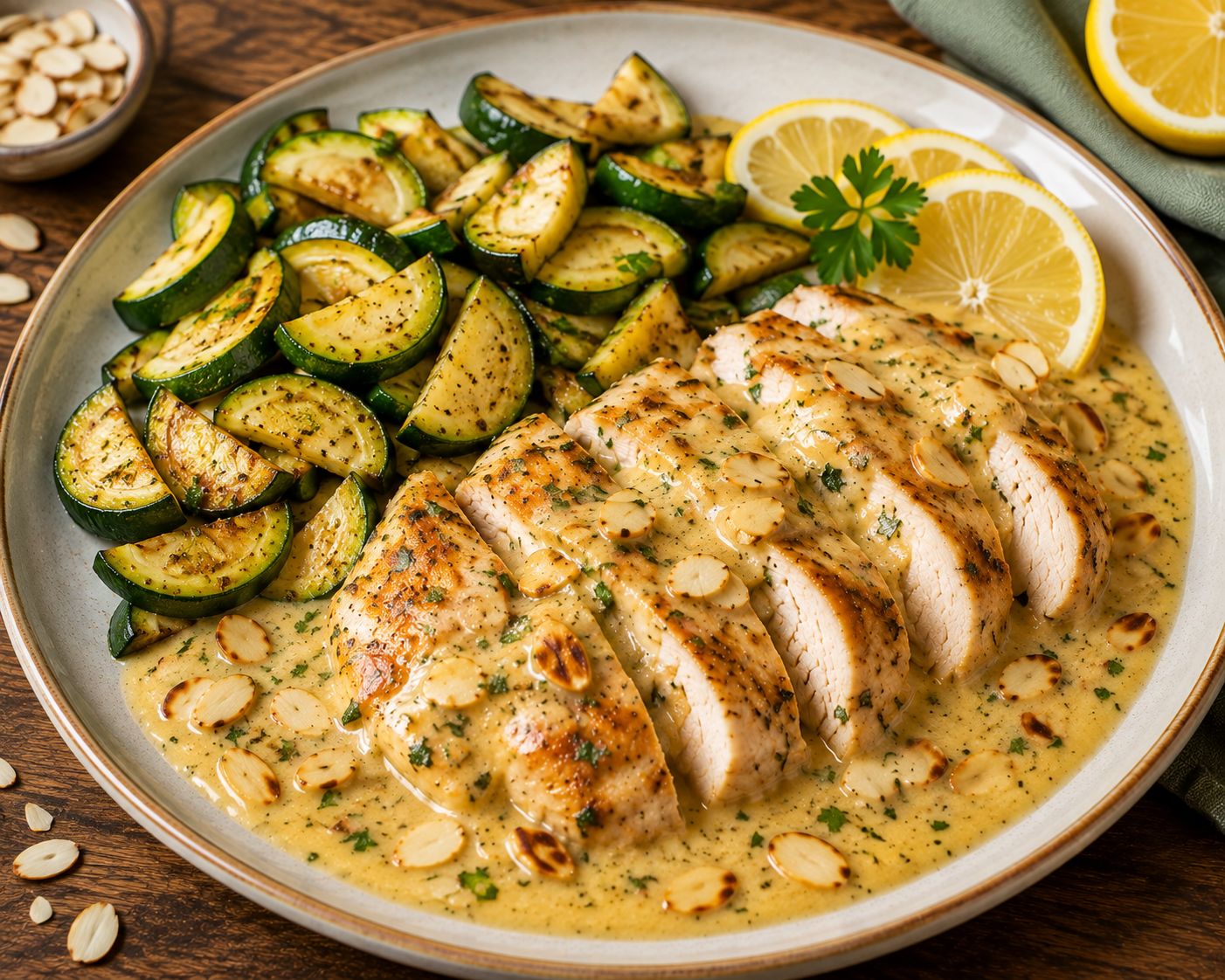 Hähnchen in Mandel-Zitronen-Sauce mit grünem Gemüse