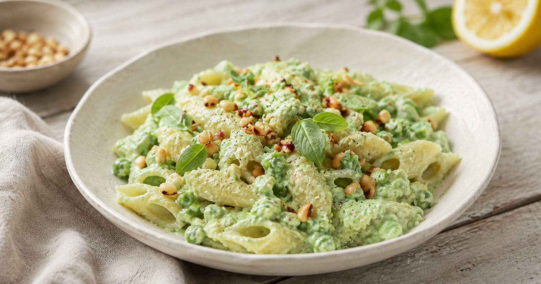 Erbsen-Pasta mit Feta und Pinienkernen