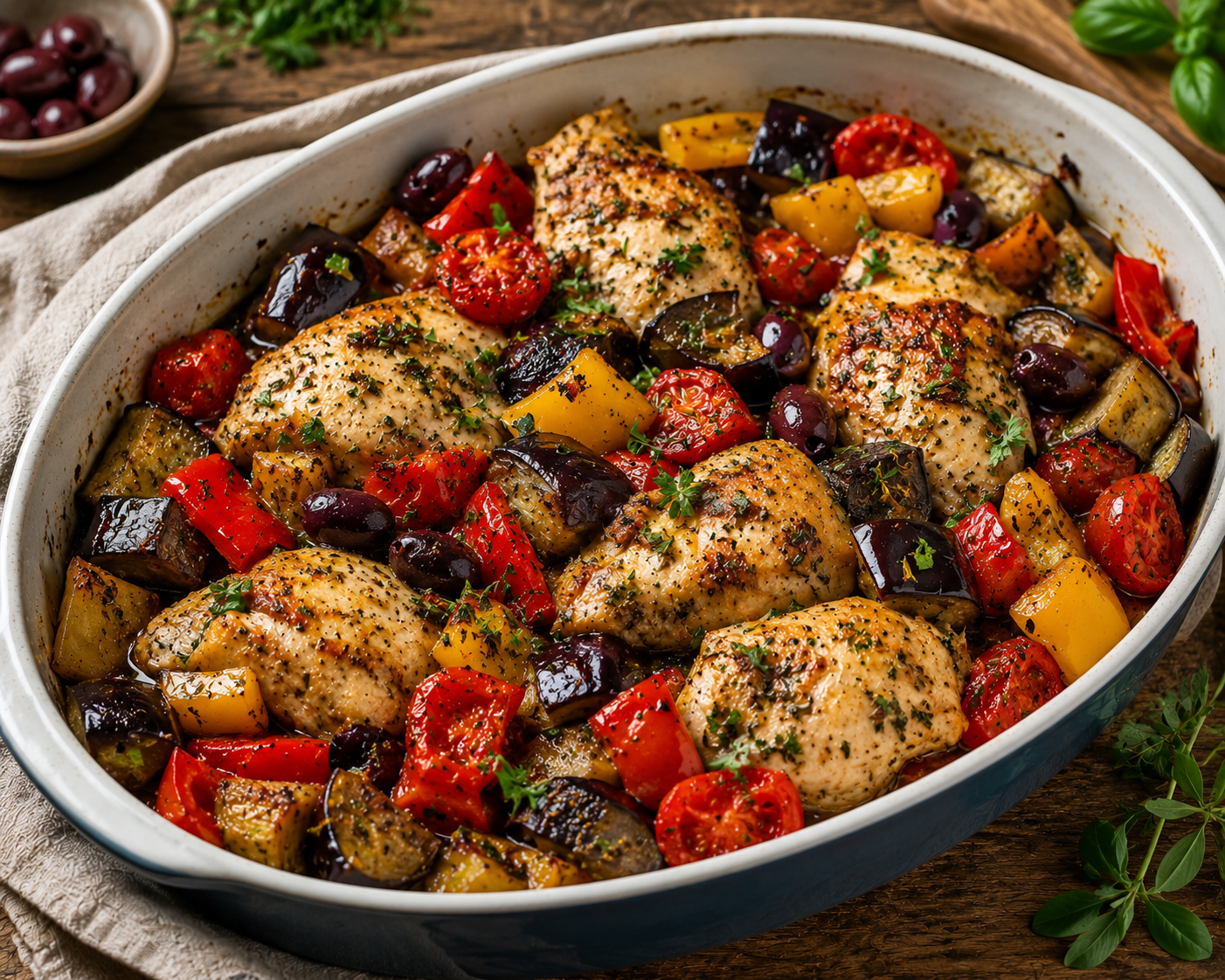 Mediterranes Hähnchen mit Aubergine, Paprika & Oliven