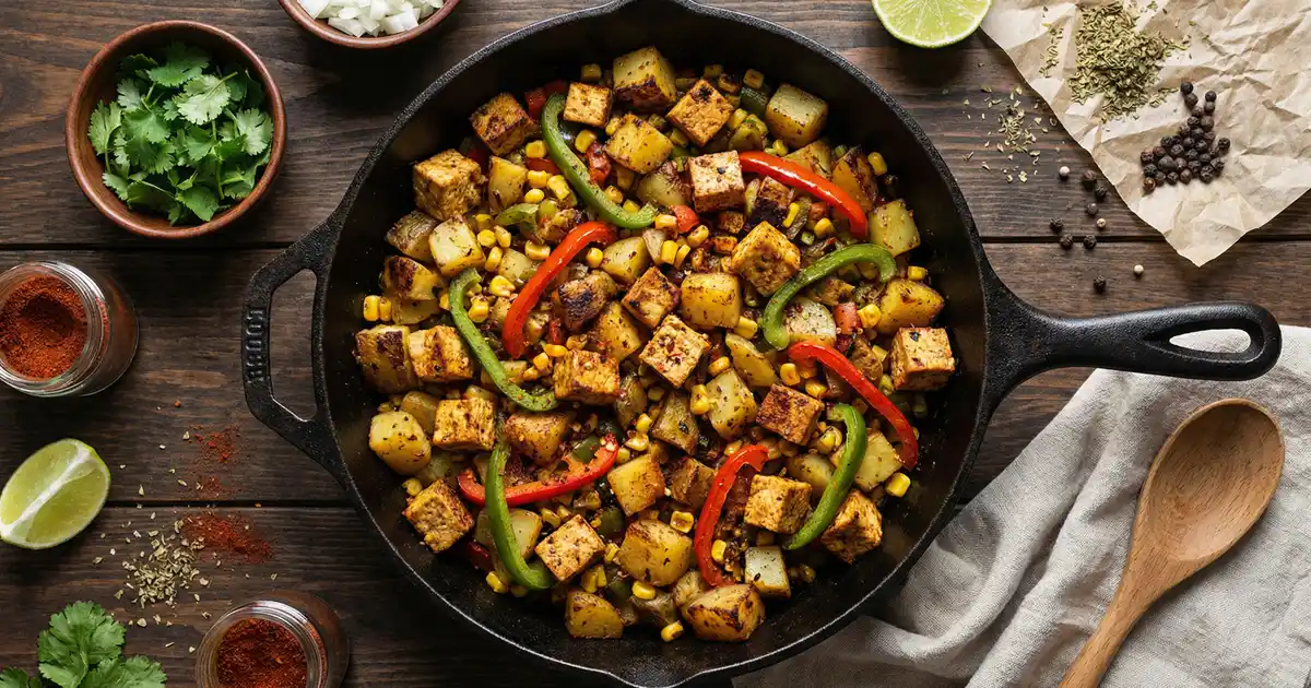 Tex-Mex-Tofupfanne mit Kartoffeln, Paprika und Mais