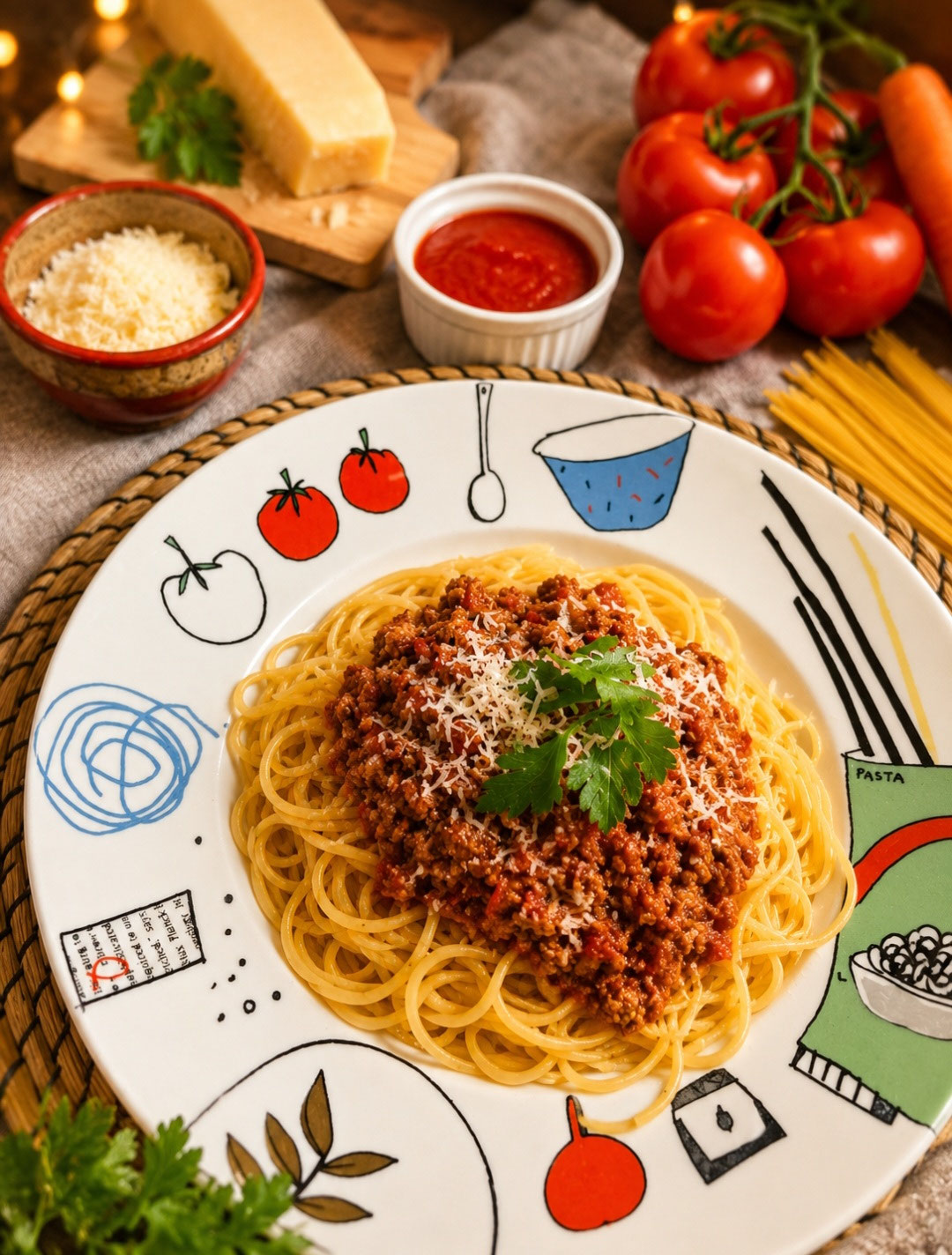 Hausgemachte Spaghetti Bolognese mit würziger Hackfleischsauce und frisch geriebenem Parmesan