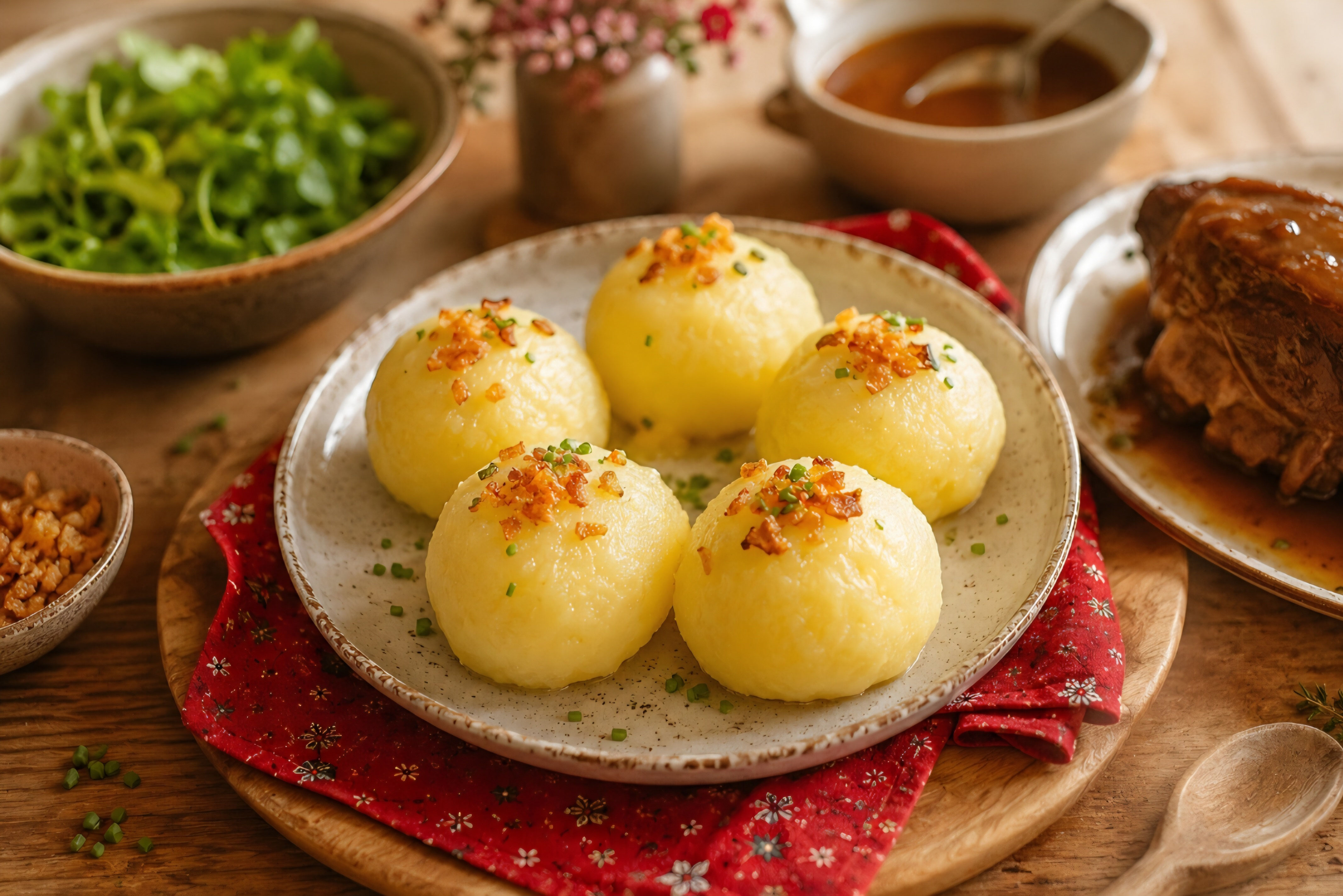 Klassische Kartoffelknödel wie bei Oma mit goldbraunen gerösteten Brotwürfeln