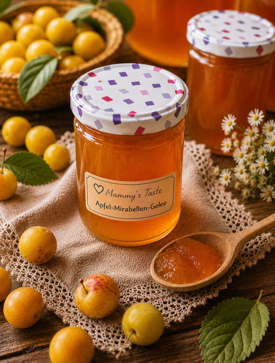 Apfel-Mirabellen-Gelee im Glas mit goldgelber Farbe und Mirabellen auf einem Holztisch