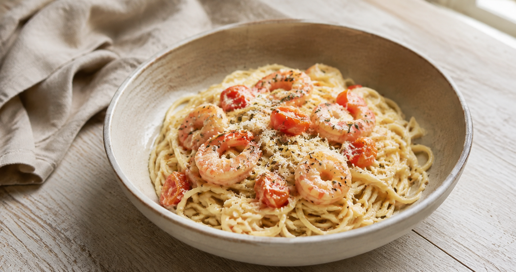 Nudeln mit Garnelen und Tomaten