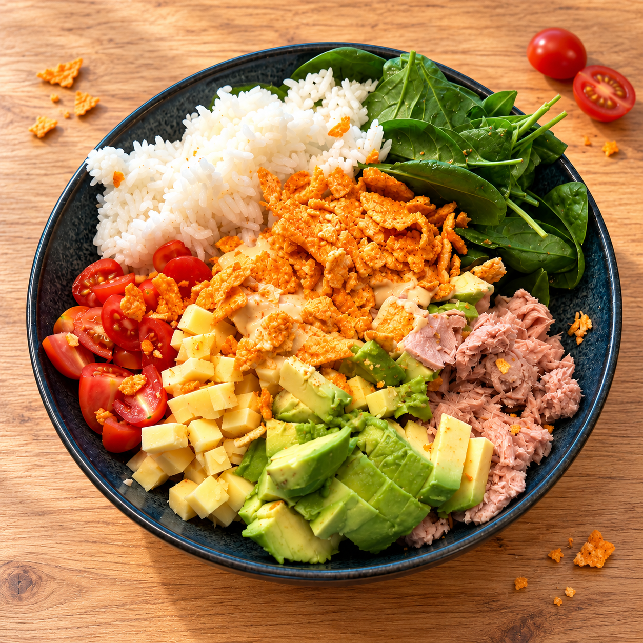 Thunfisch Bowl mit Reis, Babyspinat, Tomaten, Käse, Avocado, Soße und Tortilla-Chips