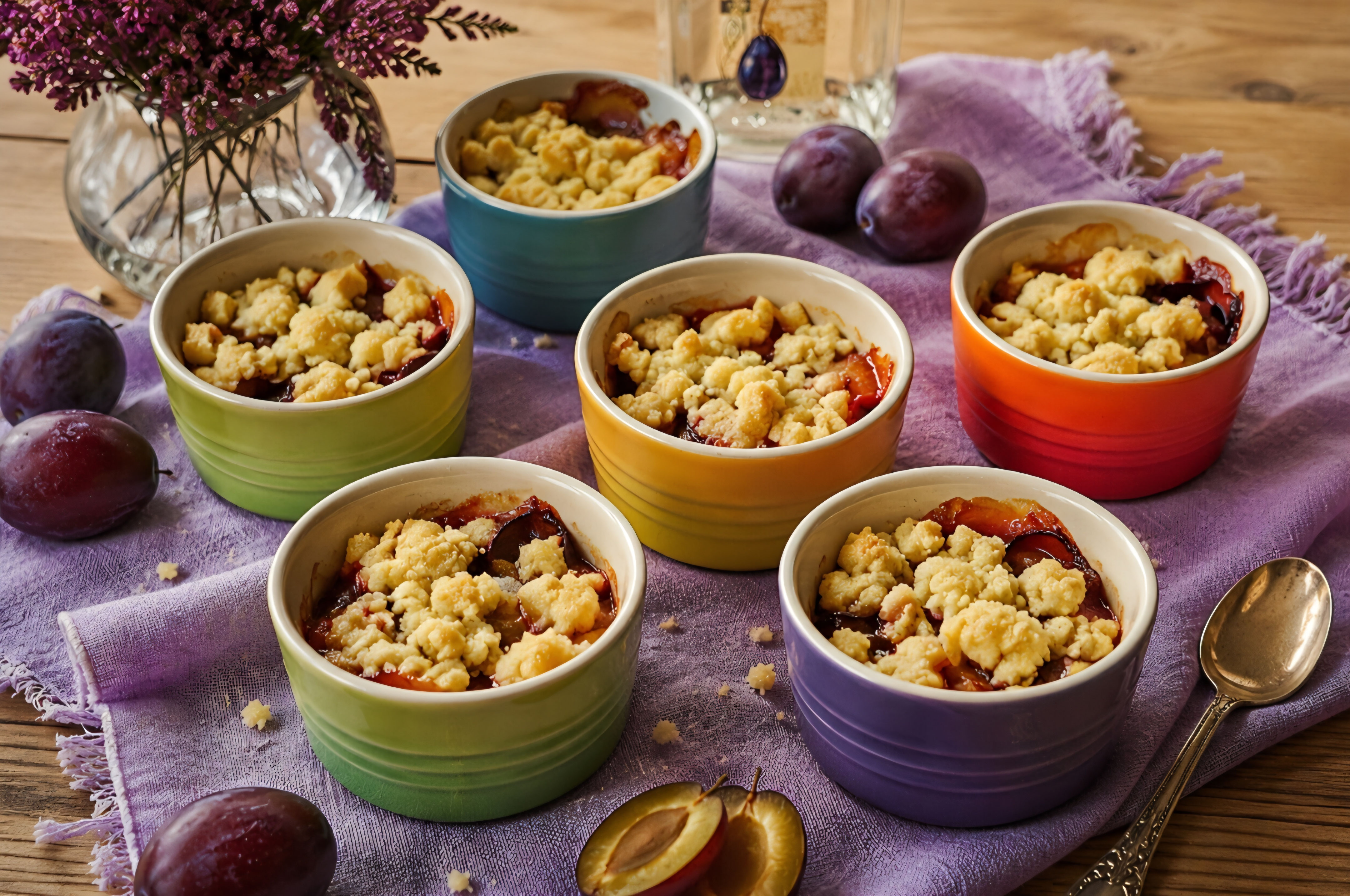 Goldbrauner Zwetschgen Crumble in bunten Dessertförmchen.