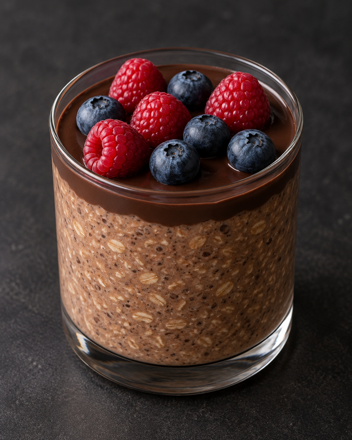 Schoko-Overnight-Oats mit dunkler Schokolade, Himbeeren und Blaubeeren im Glas