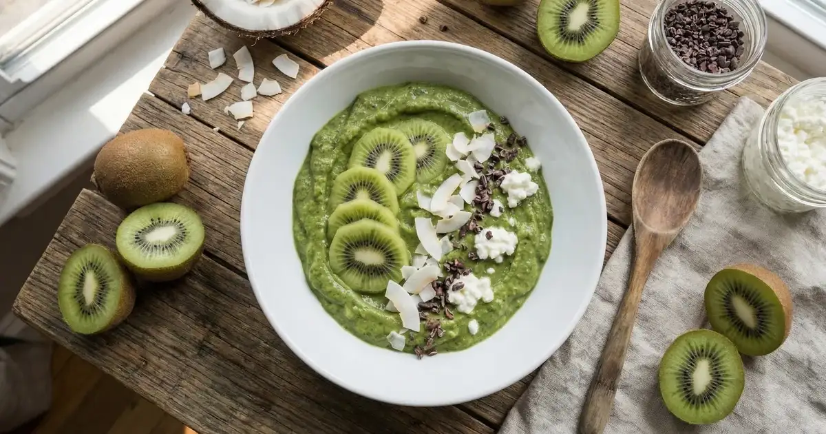 Grüne Smoothie-Bowl mit Kiwi, Kokoschips und Kakaonibs