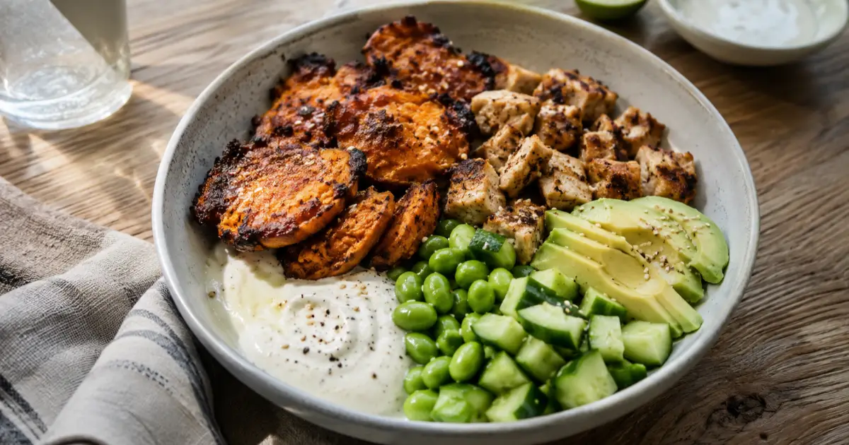 Bowl mit knusprigen Süßkartoffeln, Hähnchen, Edamame, Gurke, Avocado und Limetten-Dip
