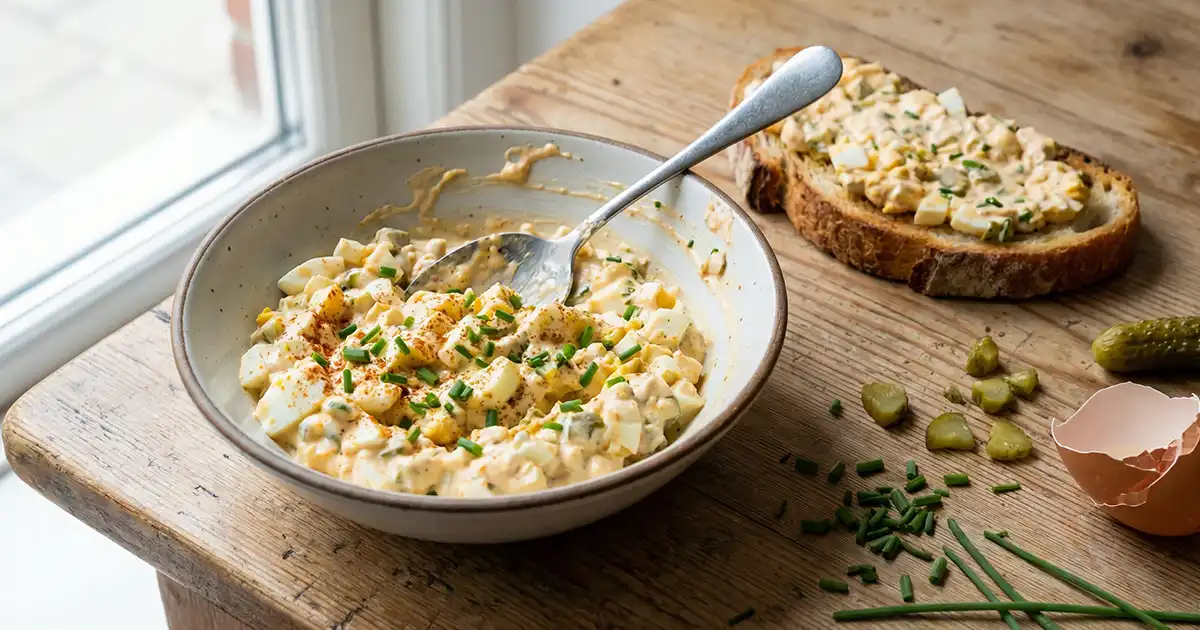 Eiersalat mit Skyr, Paprika, Gewürzgurke und Schnittlauch