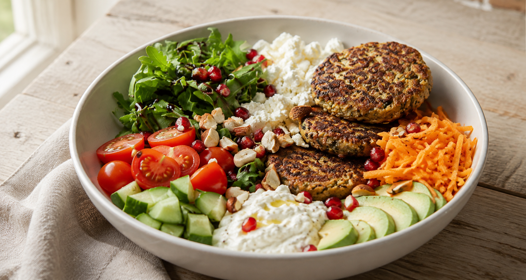 Bunte Bowl mit Bratlingen und Rohkost