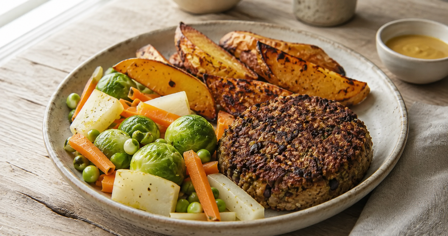 Vegane Frikadellen mit Ofenkartoffeln und Gemüse