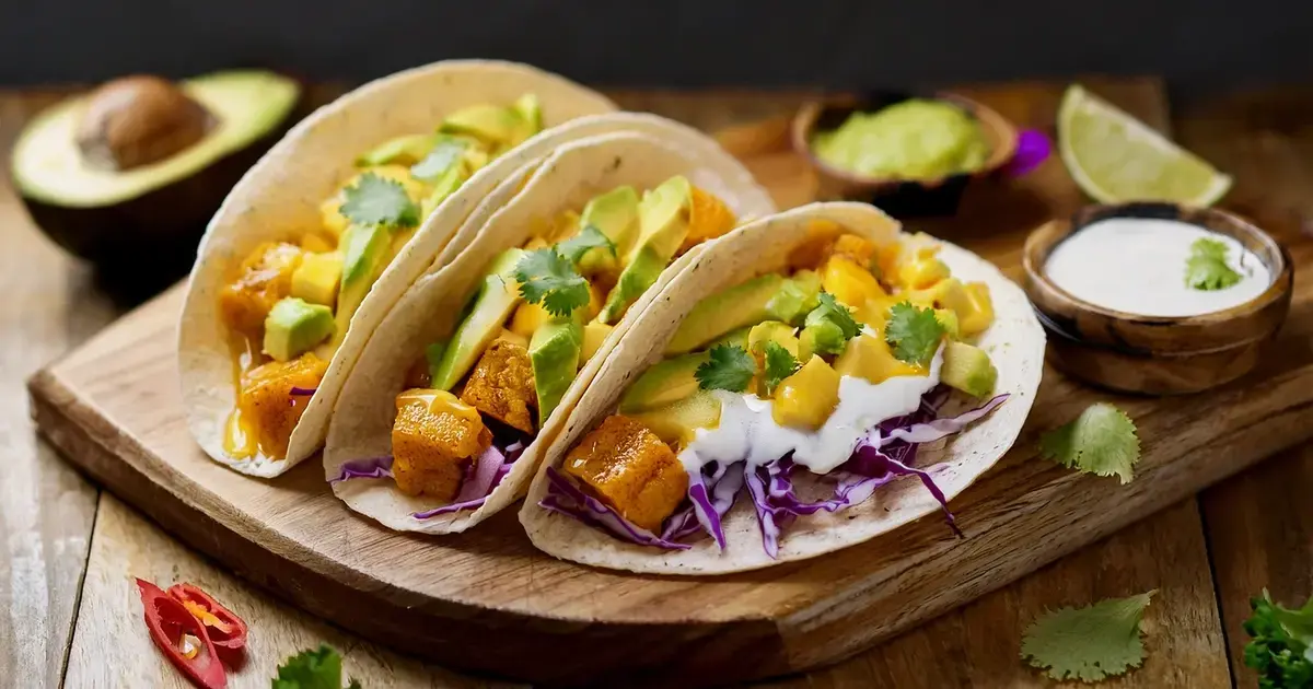 Tofu-Tikka-Tacos mit Mango-Salsa und Kokos-Joghurt