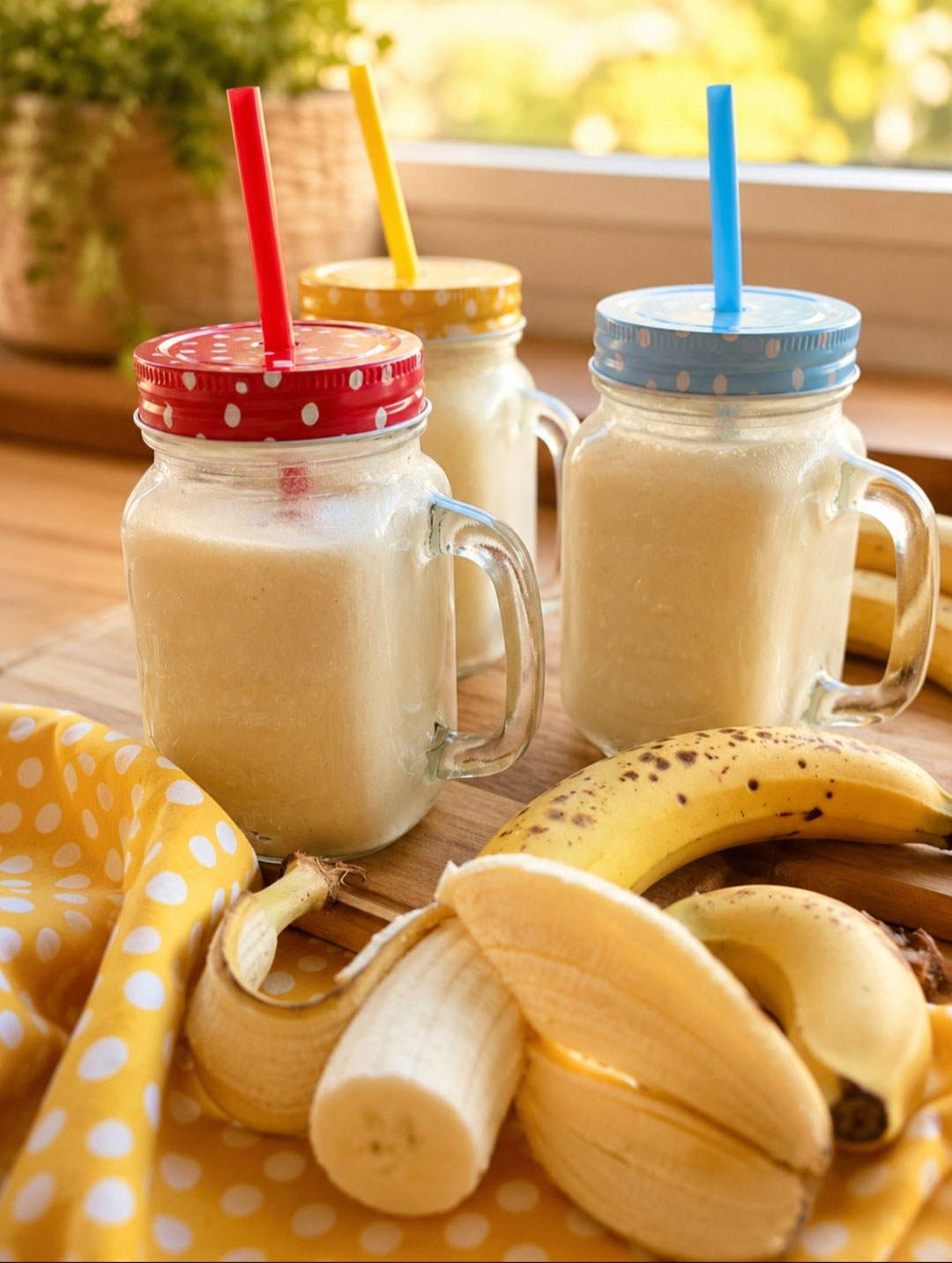 Frische Bananenmilch in drei Henkelgläsern mit bunten Deckeln.
