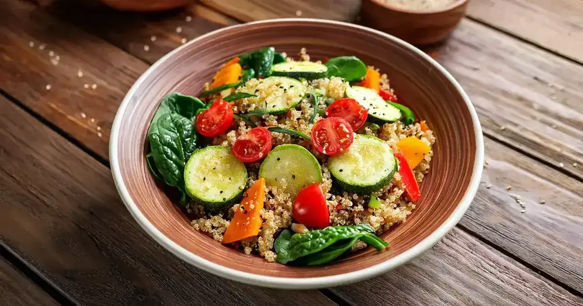 Quinoa-Gemüse-Bowl mit Babyspinat und Tahin-Dressing
