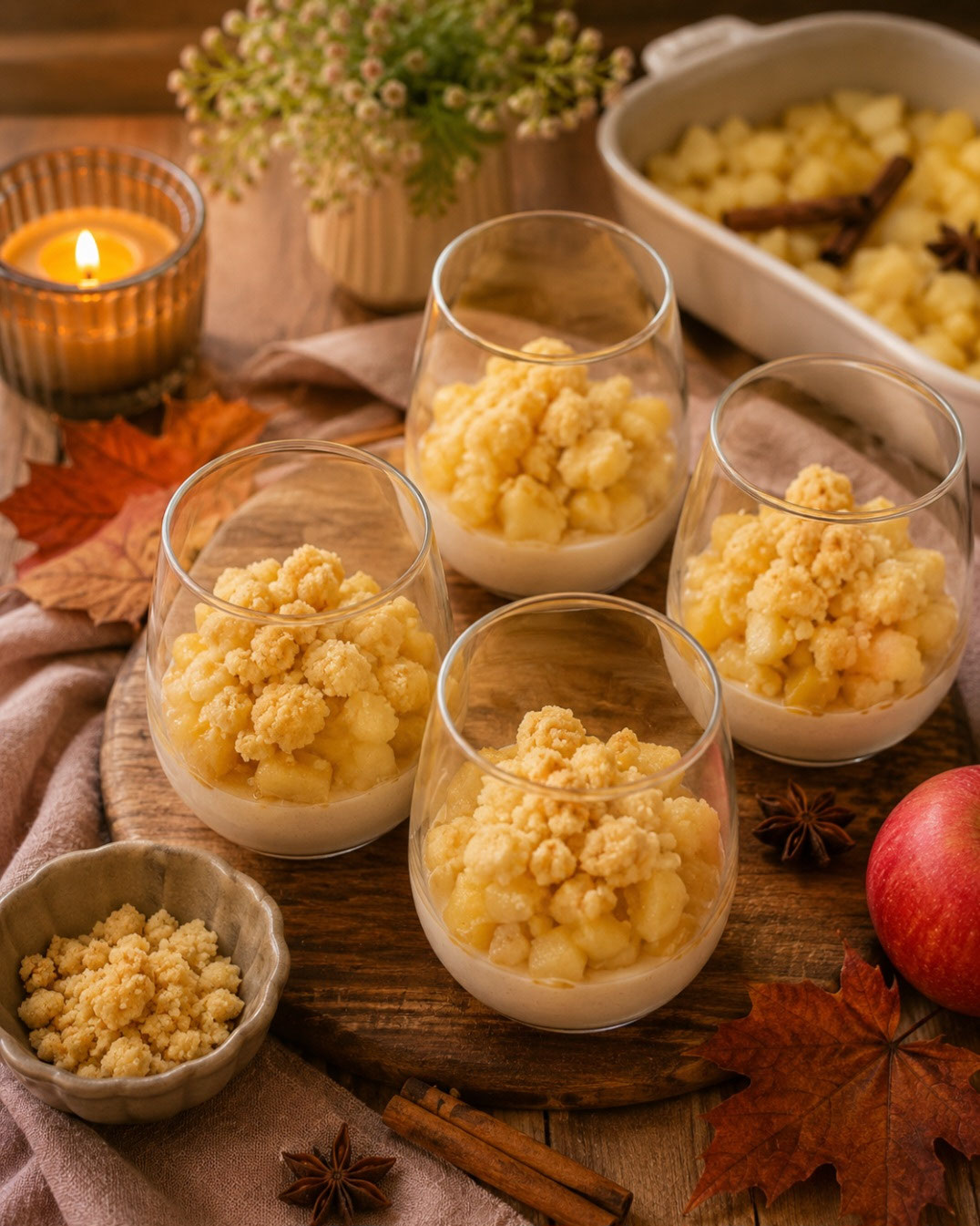 Bratapfel-Crumble auf cremiger Zimtcreme mit knusprigen Streuseln