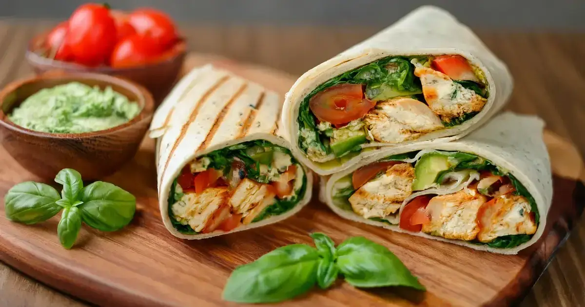 Pesto-Hähnchen-Wrap mit Rucola, Paprika und Tomaten