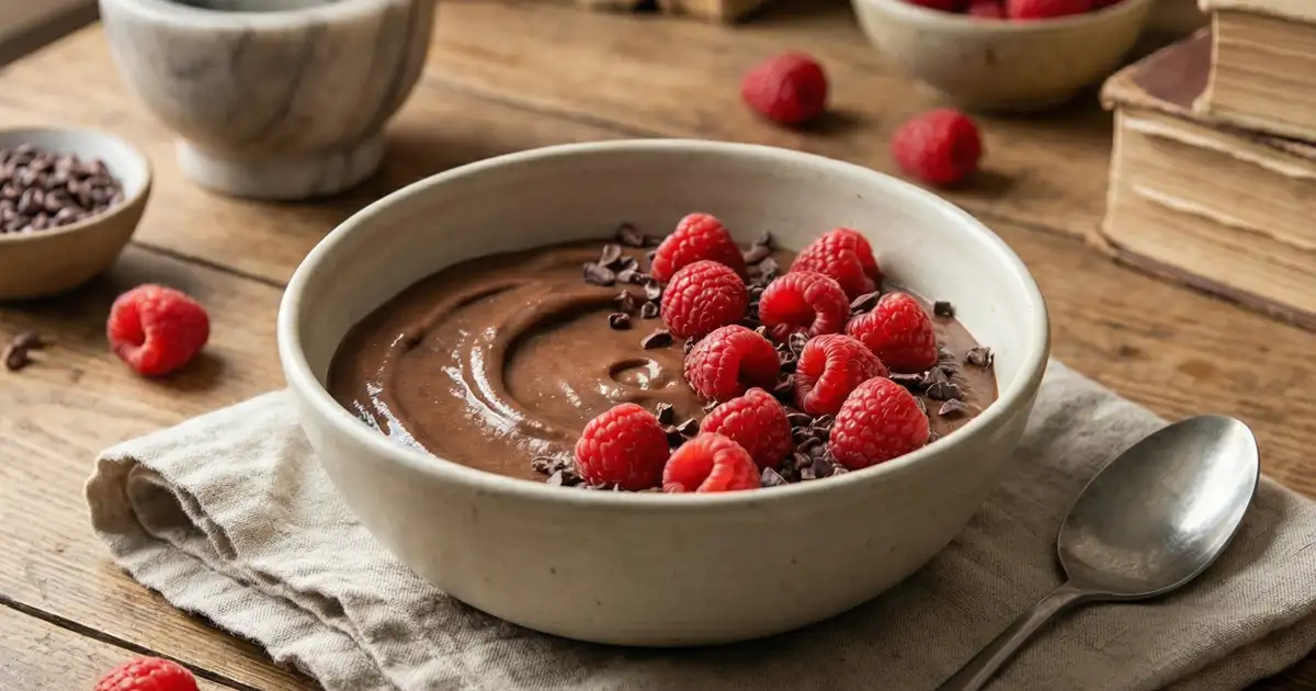 Schokoladige High-Protein Frühstücksbowl mit Himbeeren und Kakaonibs