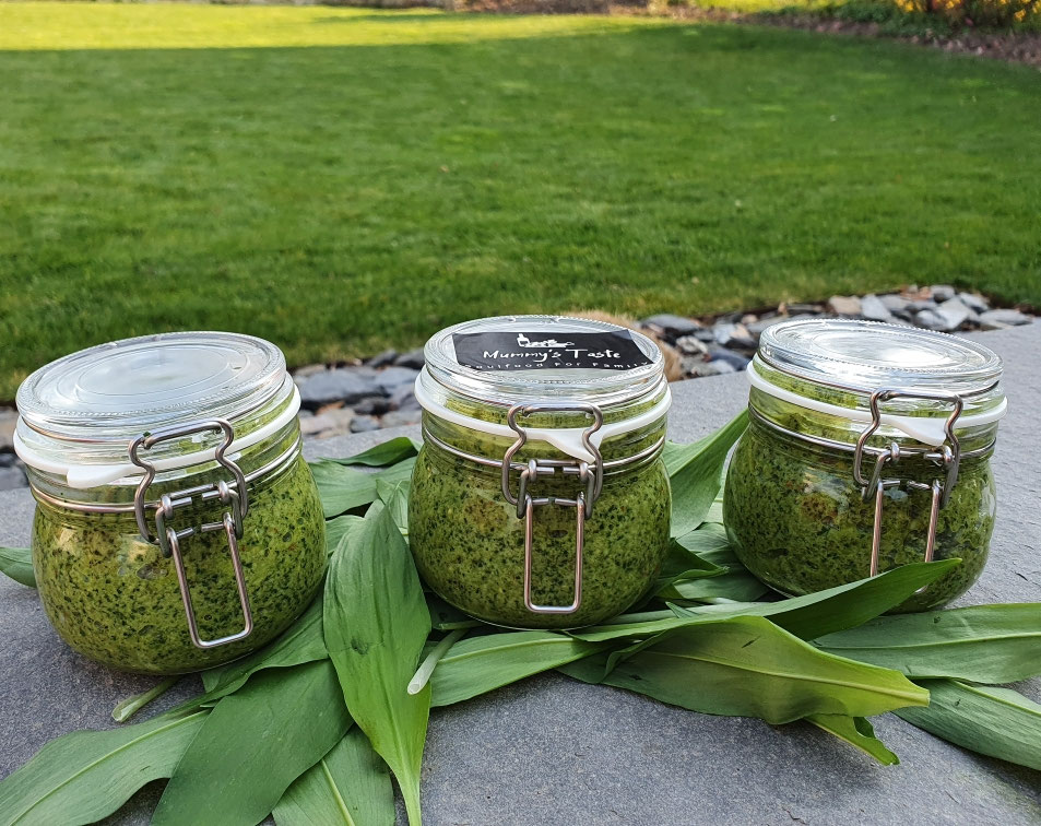 Frisches Bärlauchpesto in drei Gläsern.