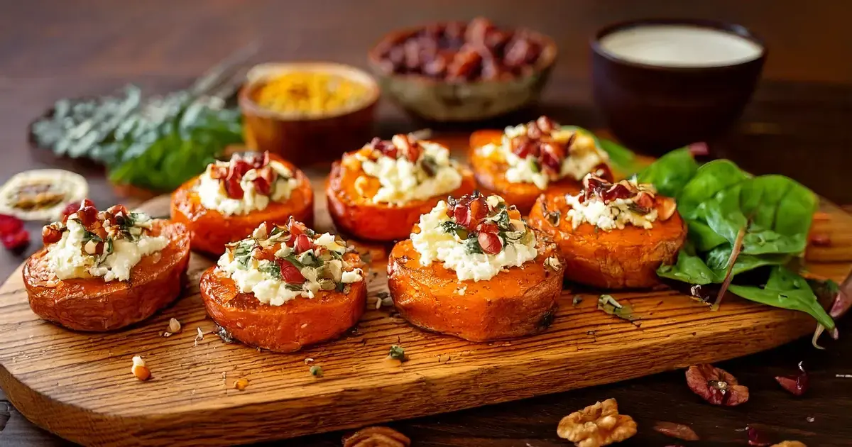 Süßkartoffel-Bites mit Hüttenkäse und Walnüssen