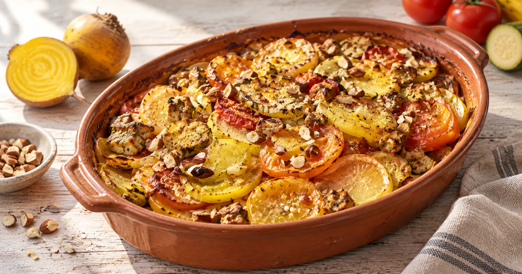 Gemüseauflauf mit Basilikum-Tofu und Gelber Bete