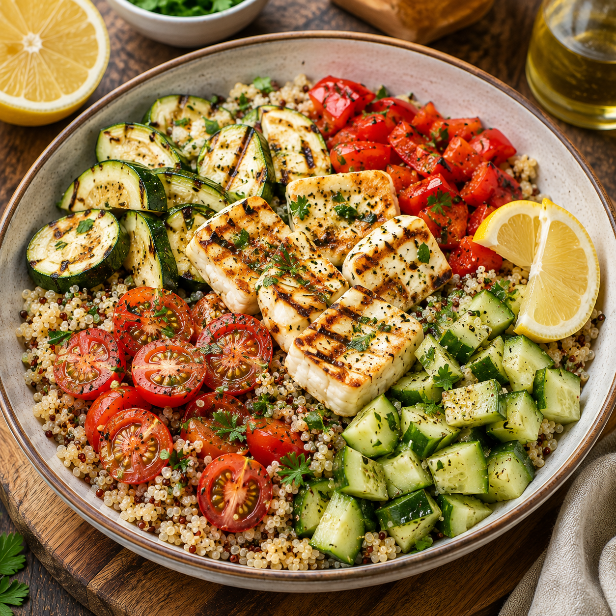 Quinoa-Gemüse-Bowl mit Halloumi & Zitronen-Kräuter-Dressing