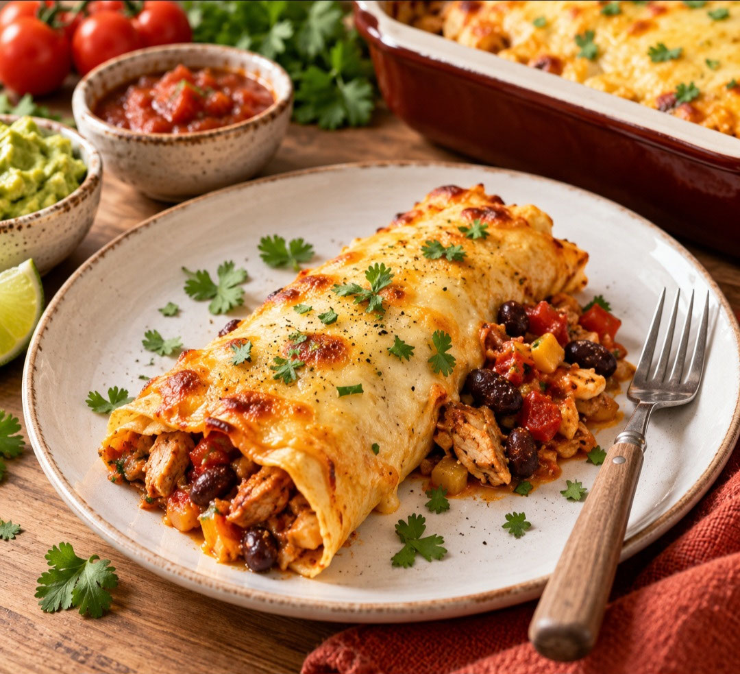 Saftige Enchilada mit würziger Füllung aus Hähnchen, Bohnen und Gemüse, goldbraun mit geschmolzenem Käse überbacken und appetitlich auf einem Teller serviert
