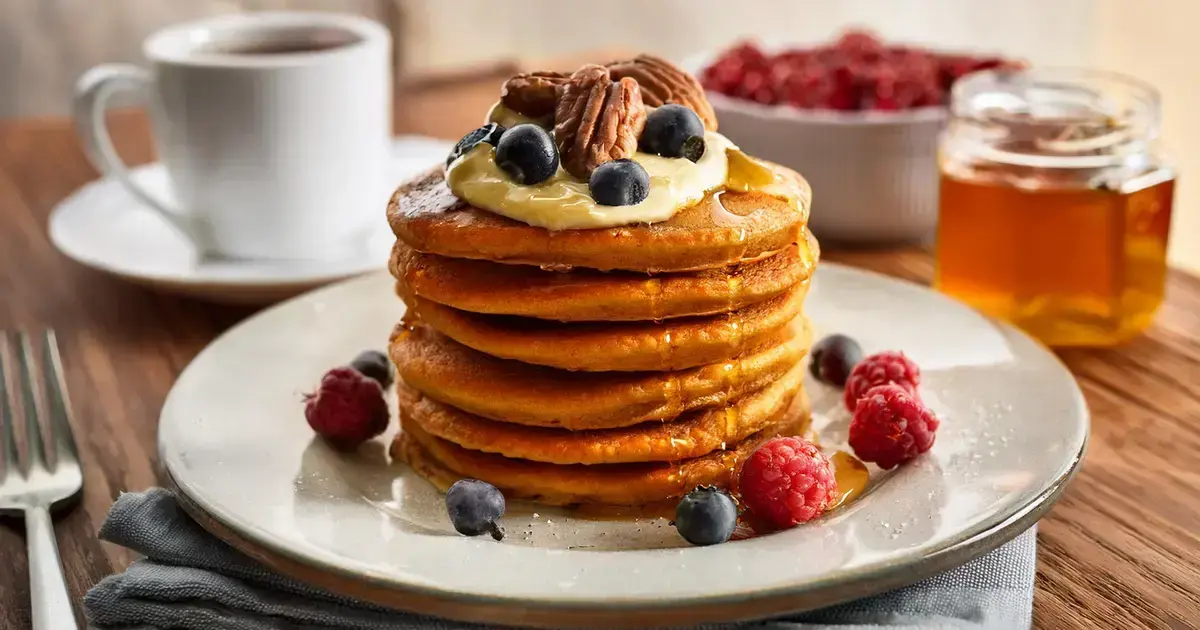 Süßkartoffel-Pancakes mit Mandelmus und Früchten