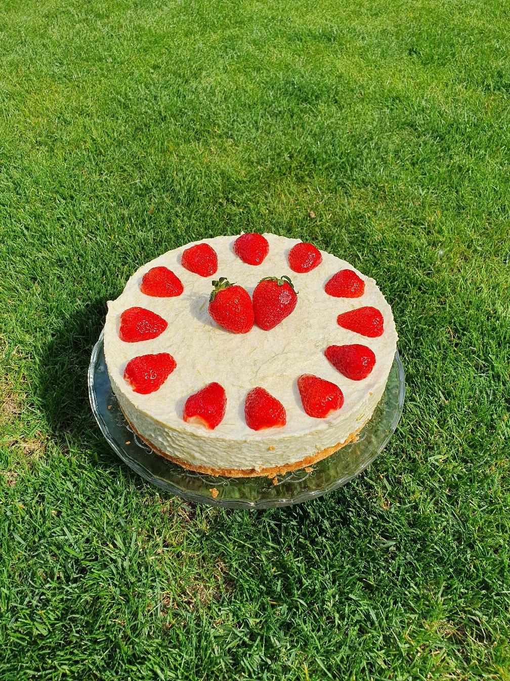 Rhabarber-Sahne-Torte mit frischen Erdbeeren dekoriert.