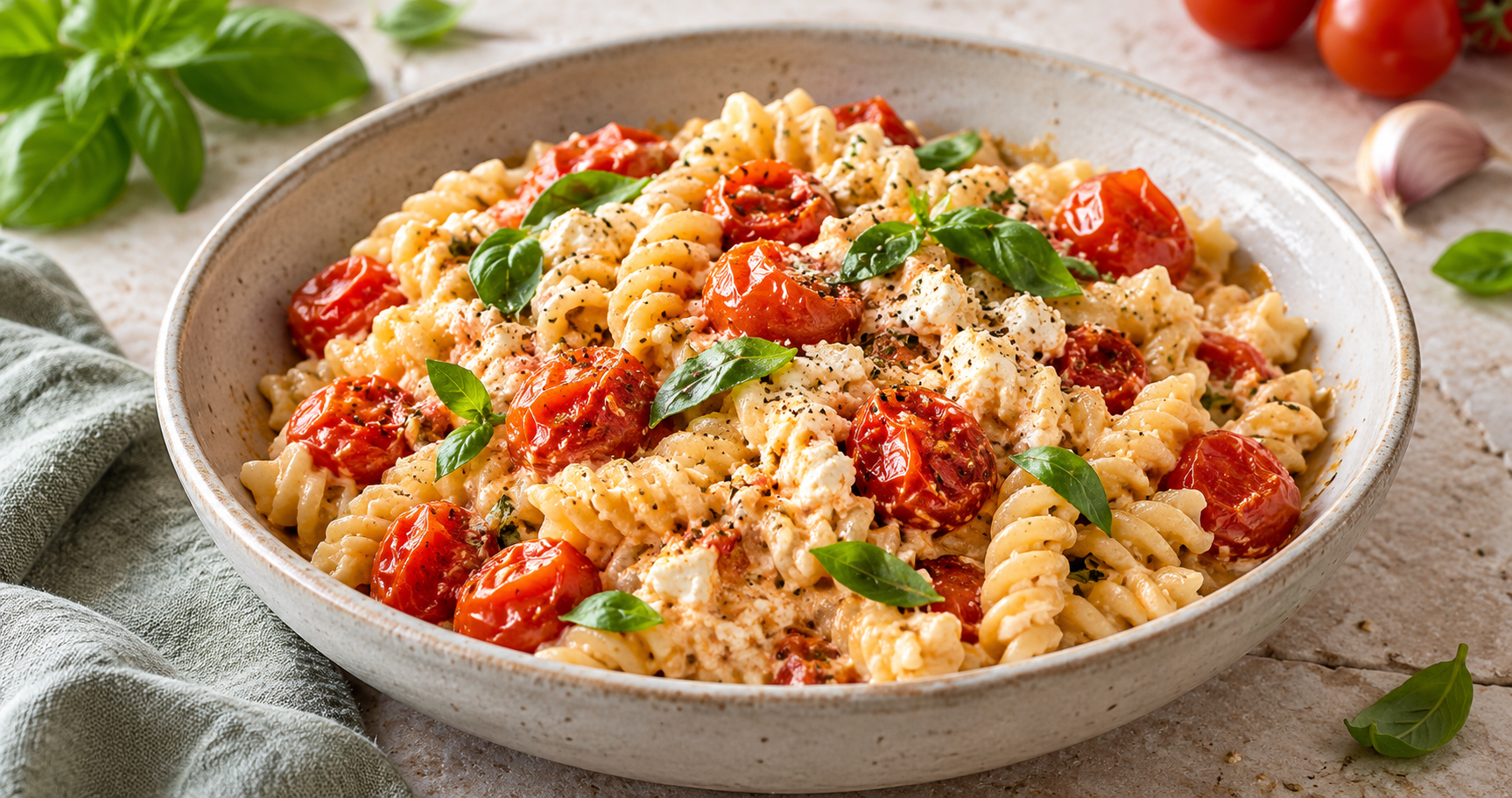 Tomaten-Feta-Nudeln aus dem Airfryer – fertiges Gericht