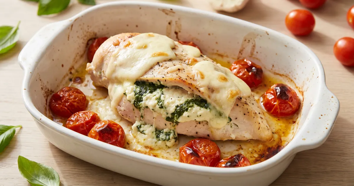 Knoblauch-Basilikum-Hähnchen mit Ricotta-Creme und Ofentomaten