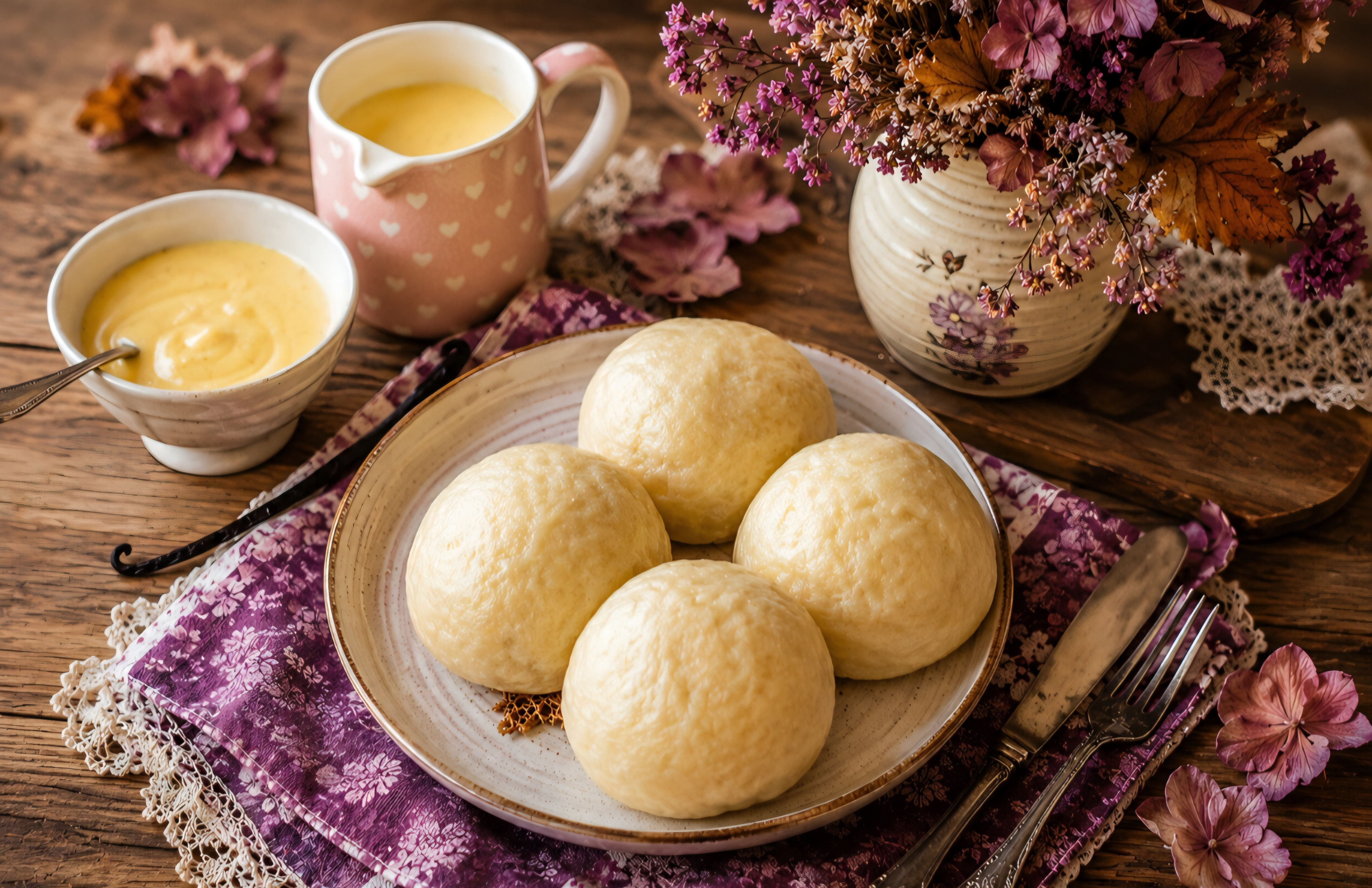 Klassische fluffige Dampfnudeln auf einem Teller mit cremiger Vanillesauce im rustikalen Landhausstil