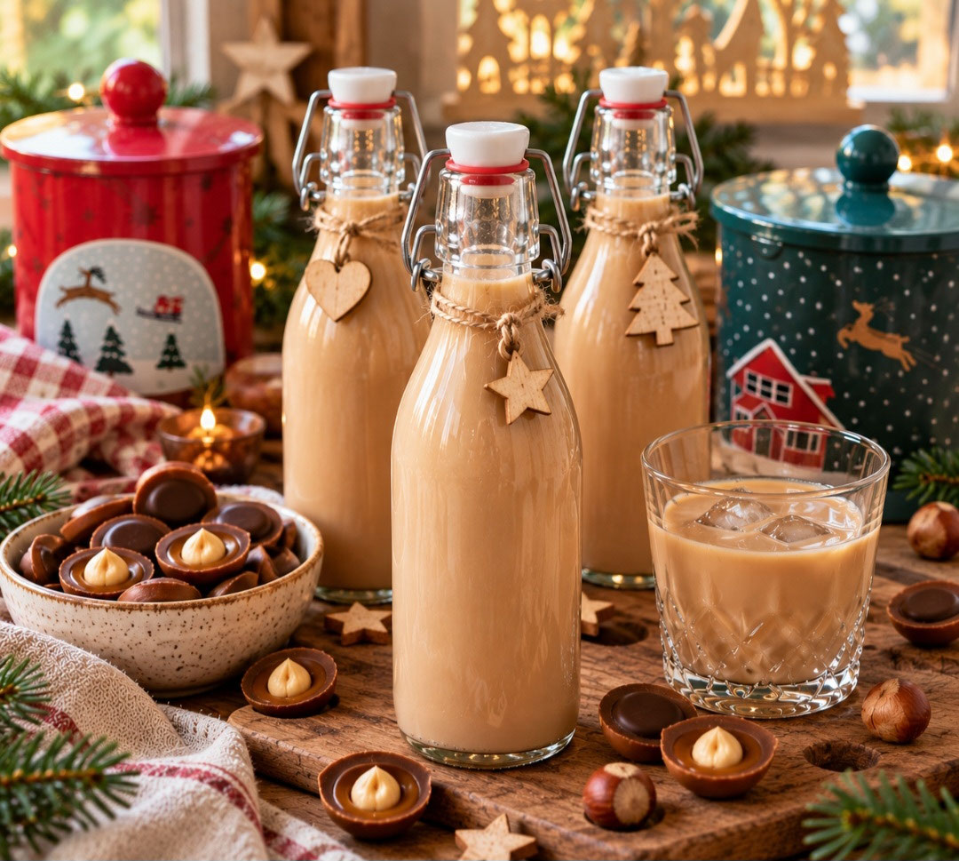 Selbstgemachter cremiger Toffifee-Likör in dekorativen Bügelflaschen auf einem rustikalen Holztisch, umgeben von Toffifee, Haselnüssen und weihnachtlicher Dekoration