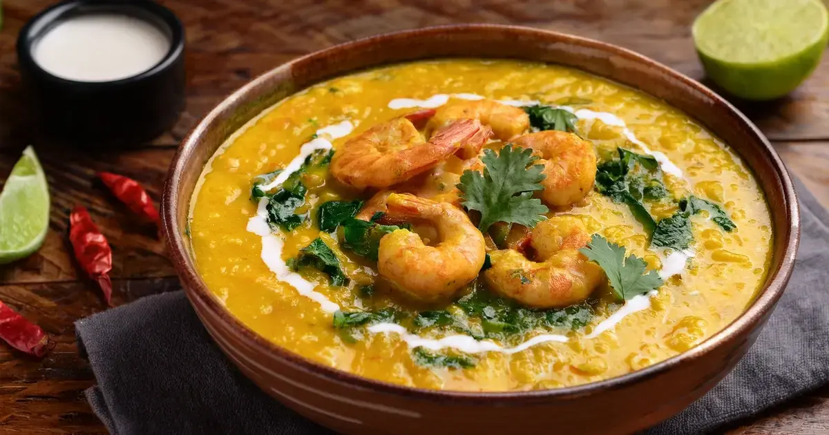 Cremiges Daal mit Garnelen, Blattspinat und Limette in einer Schüssel