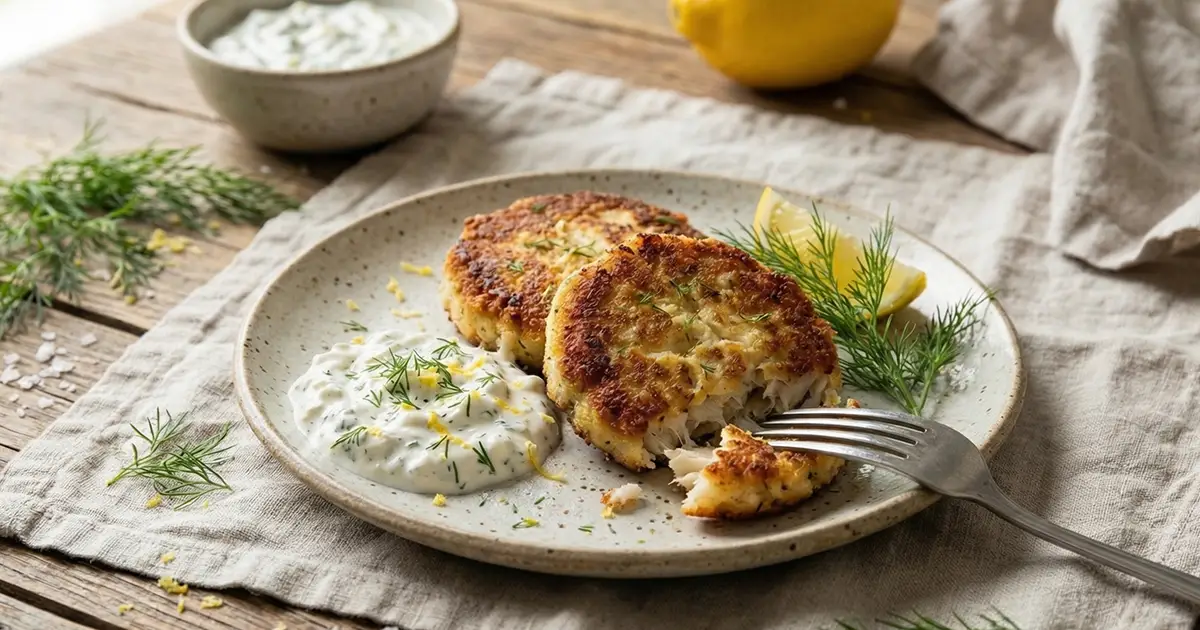 Fischfrikadellen mit Zitronen-Dill-Hüttenkäse-Creme