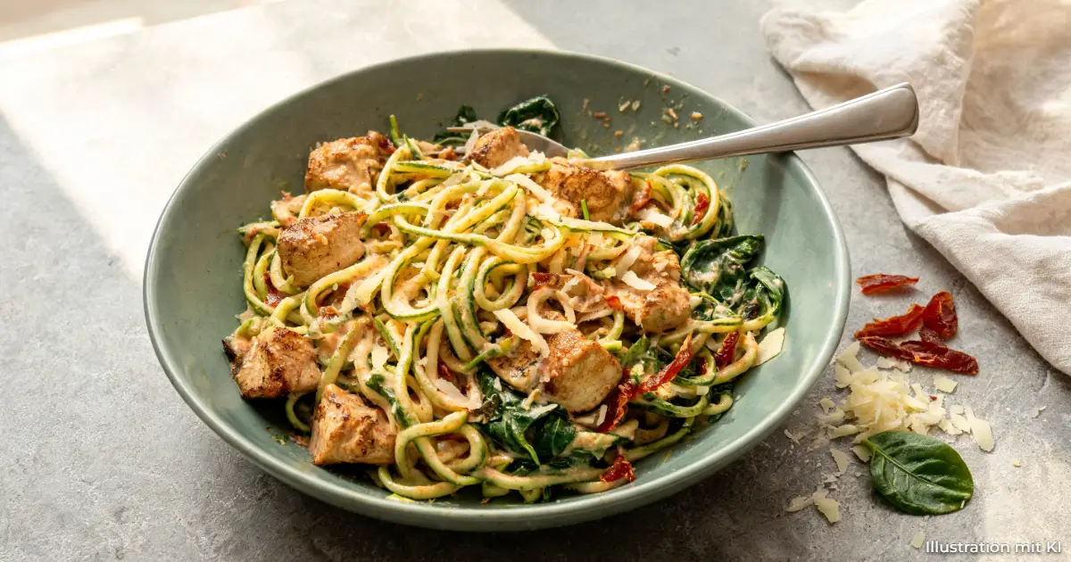 Cremige Zucchini-Nudeln mit Hähnchen, Spinat und Parmesan in einer Schale