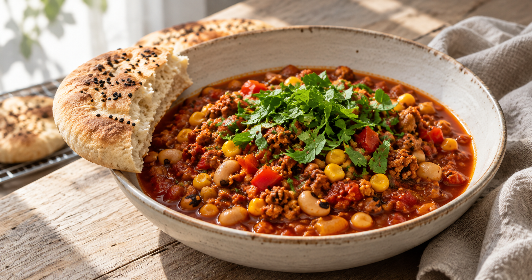 Veganes Chili mit selbst gebackenem Fladenbrot