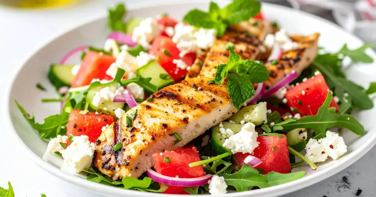 Salat mit Grillhähnchen, Wassermelone, Feta, Gurke und Rucola
