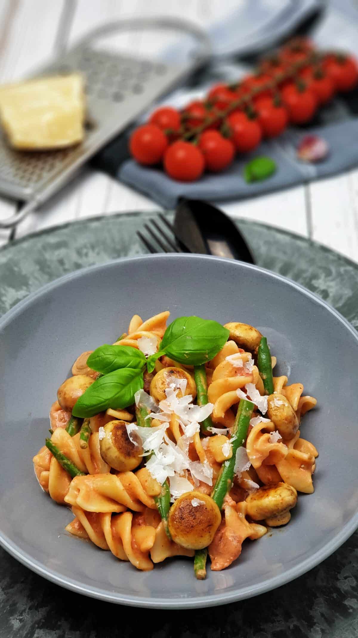 Nudeln mit Tomaten-Frischkäse-Soße in einer grauen Schale angerichtet. Mit Parmesan bestreut und mit Basilikum serviert.