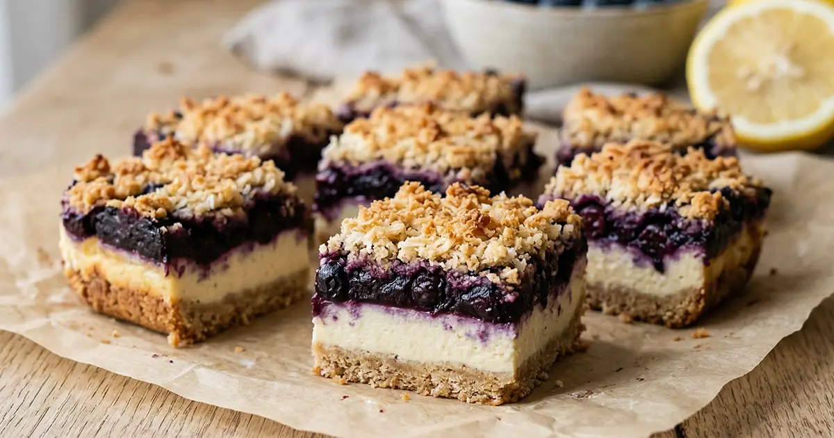 Zitronen-Heidelbeer-Cheesecake-Bars mit Kokosstreuseln