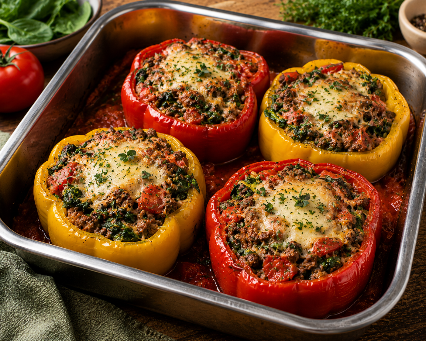 Gefüllte Paprika mit Rinderhack, Spinat & Tomate