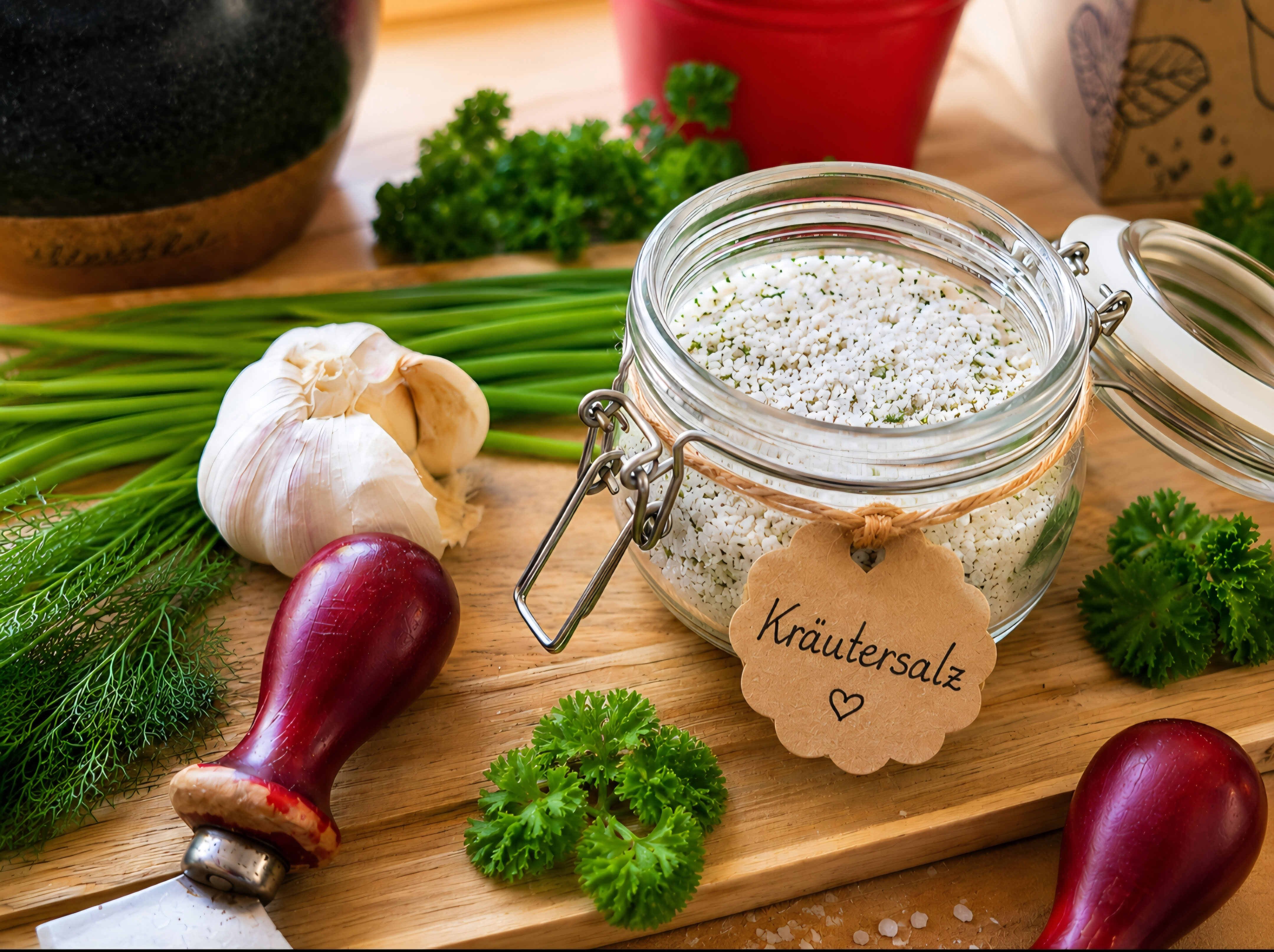 Selbstgemachtes Kräutersalz im Glas mit frischen Kräutern.