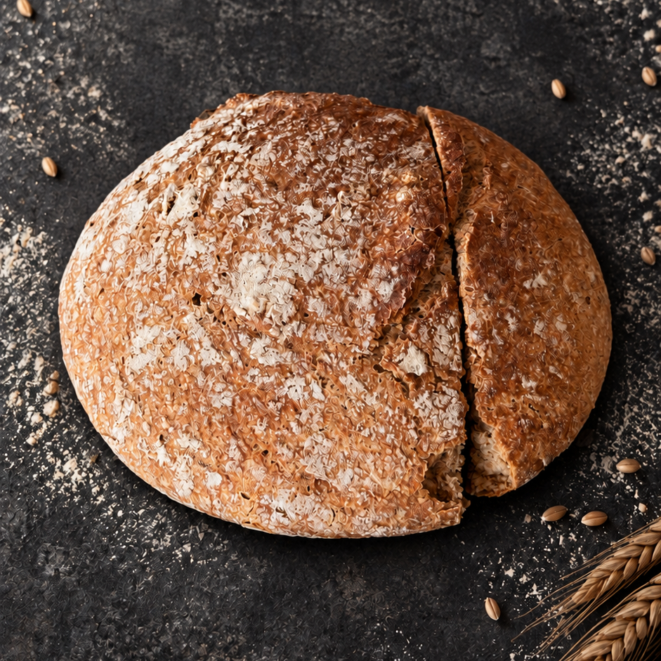 Krosses Vollkornbrot mittig auf dunklem, bemehltem Untergrund