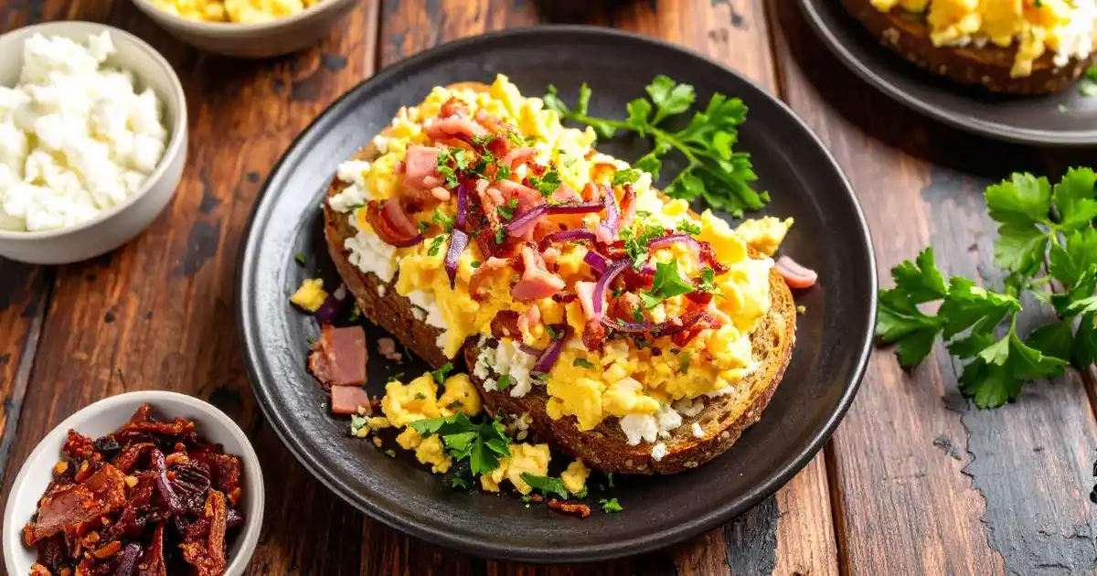 Lachsschinken-Rührei mit karamellisierten Zwiebeln auf Eiweißbrot