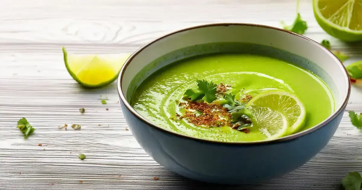 Grüne Avocado-Gurkensuppe mit Limettenscheiben und Kräutern in einer Schüssel