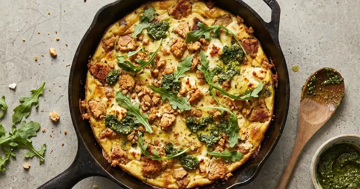 Vegetarische Frittata mit Protein-Crumble und Rucolapesto