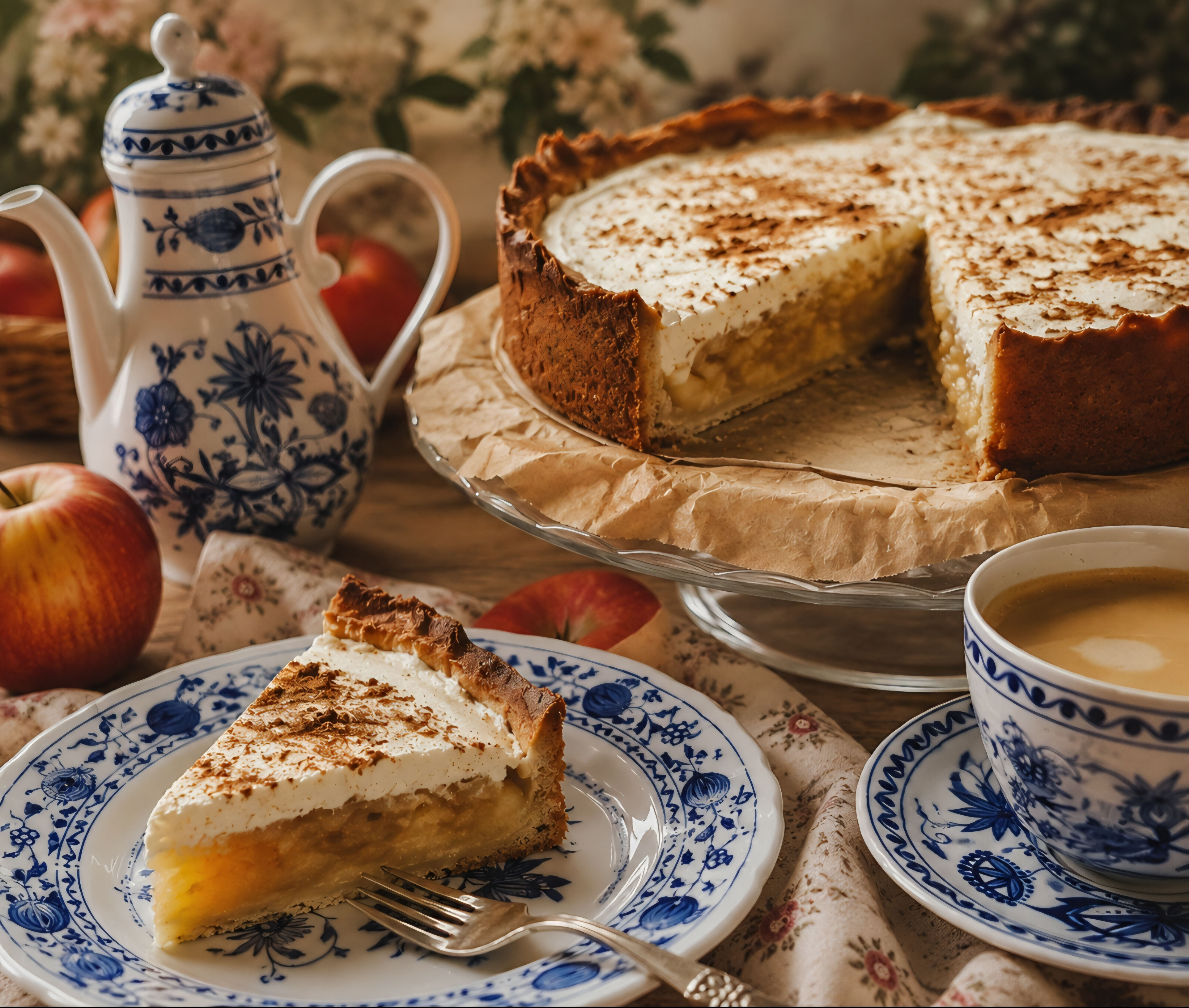 Gedeckter Apfelkuchen mit Schmand auf einer Tortenplatte neben Kaffeekanne und frischen Äpfeln.