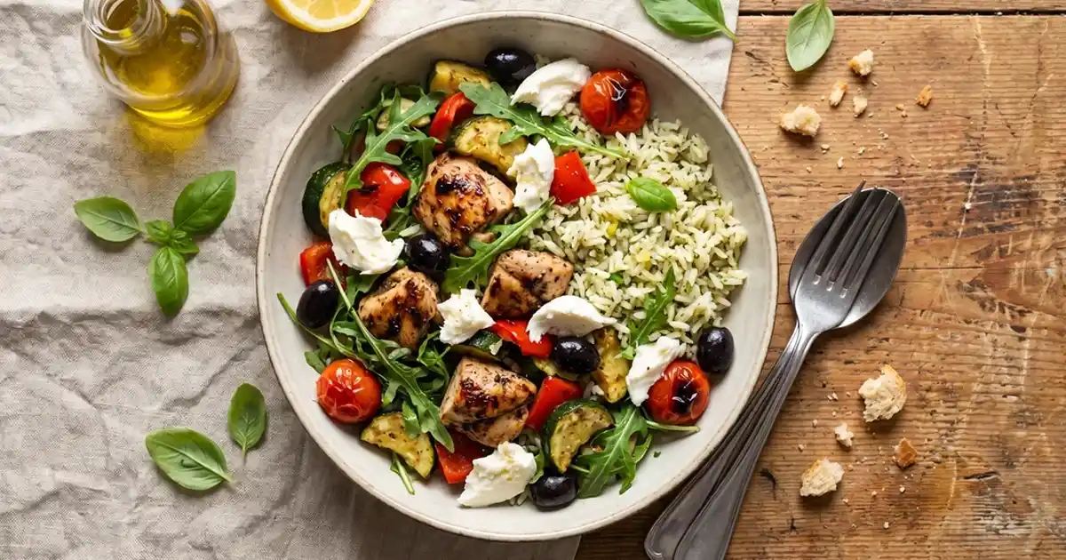 Hähnchen-Bowl mit Zitronenreis, Ofengemüse und Mozzarella