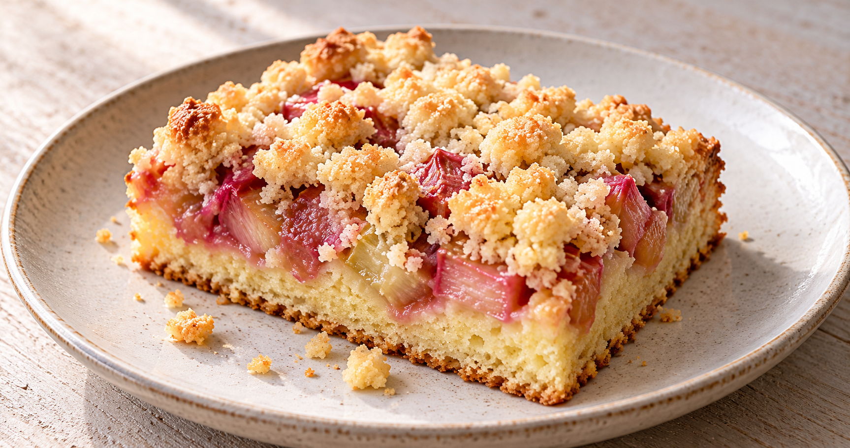 Kuchen mit Rhabarber und Streuseln – fertiges Gericht