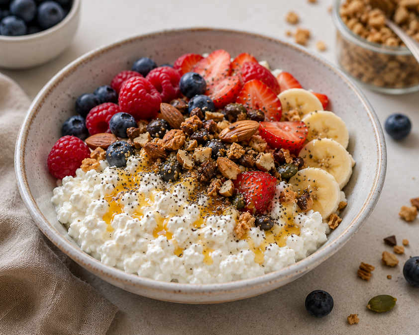 Hüttenkäse-Bowl mit Beeren & Quinoa